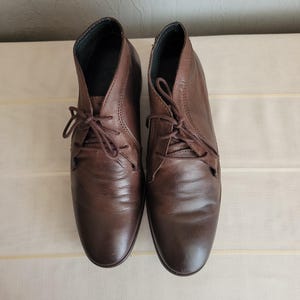 May include: A pair of brown leather ankle boots with lace-up closures.
