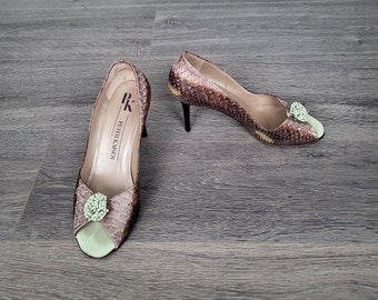 Vintage women croc leather open toe shoes colourful pumps stiletto heel tassel sandals UK size 5 1/2 German