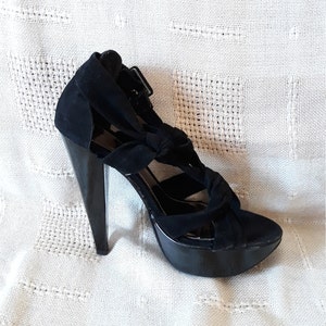 Bello perspex lace up block heel in black faux suede discount