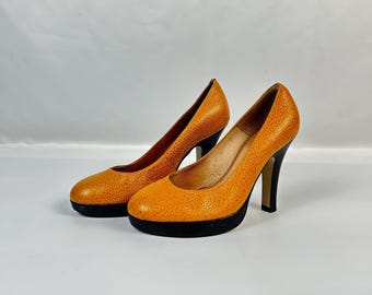 Mustard Yellow Leather Platform Pumps: Stiletto Heel, EU38/US7