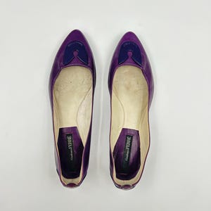 Op de afbeelding: Een paar paarse leren ballerina's met een spitse neus en een donkerblauwe accent op de wreef. De schoenen hebben een lage hak en een lichtgekleurde binnenkant. De merknaam "Gianfranco Ferr&eacute;" is zichtbaar op de binnenzool.