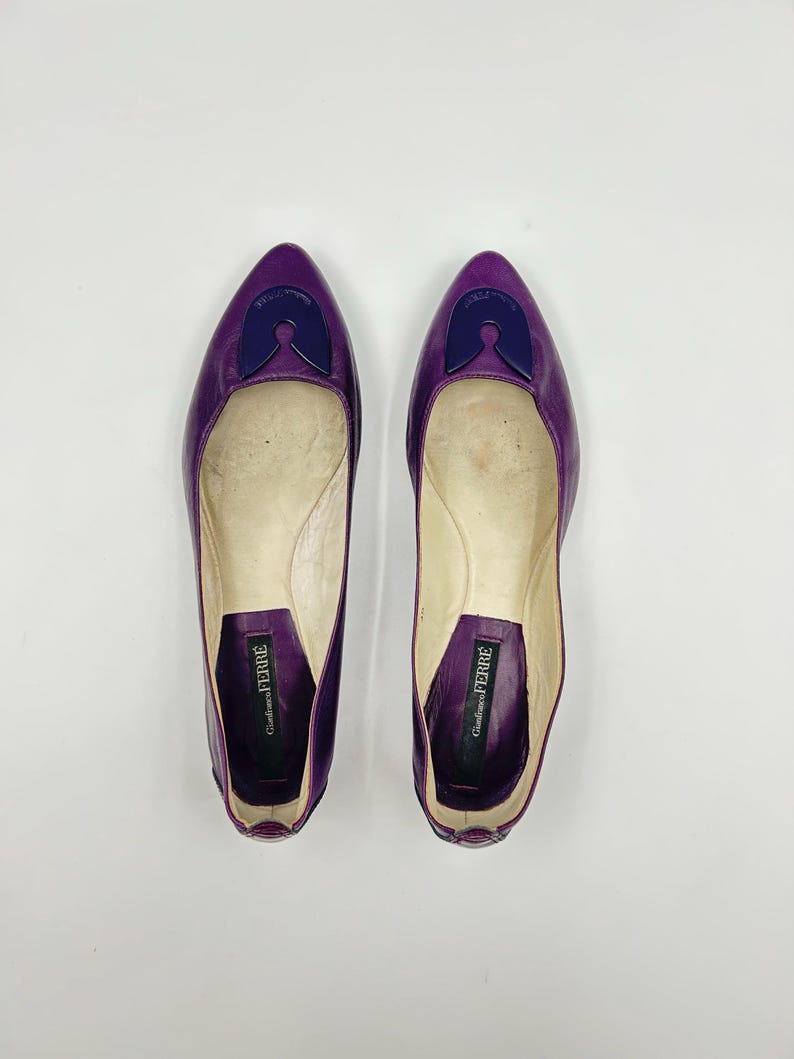 Op de afbeelding: Een paar paarse leren ballerina's met een spitse neus en een donkerblauwe accent op de wreef. De schoenen hebben een lage hak en een lichtgekleurde binnenkant. De merknaam "Gianfranco Ferr&eacute;" is zichtbaar op de binnenzool.