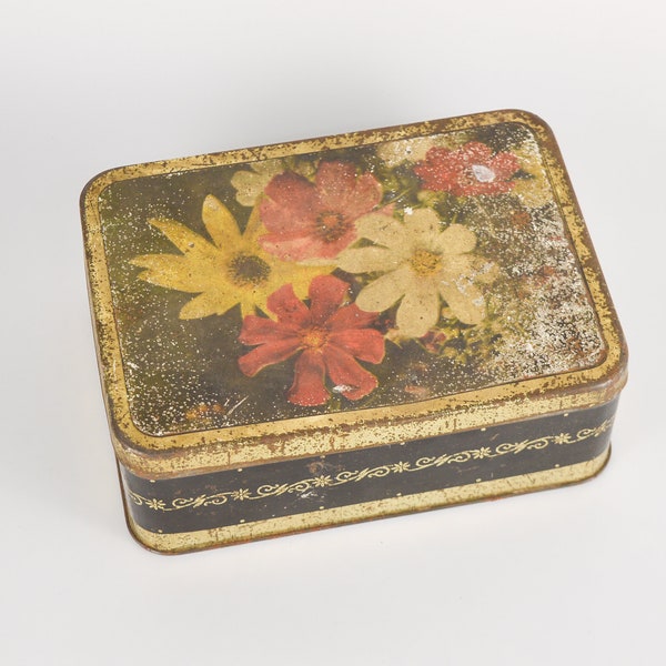 Vintage Tin Candy Box | Floral Empty shabby Metal Trinket lidded Case storage Chest | Retro Soviet era 1950s