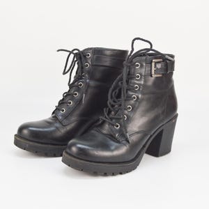 Vintage Black Leather Lace-Up Ankle Boots - High Block Heel, EU 37