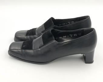 Vintage Black Leather Loafers: Square Toe Block Heels, EU 41 / US 9.5