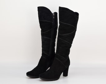 Vintage Suede Leather Knee High Boots in Black for Women | Size EU 36