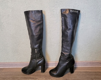 black leather tall boots over the knee Women platform / Size EU 38 / high heels European footwear