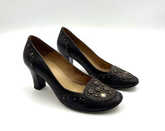 vintage brown leather women pumps, high block heels loafers size EU 38 Carnaby