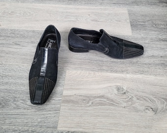 Vintage Suede Leather Loafers: Black Perforated Oxfords, Made in Italy (EU 39 / US 8)