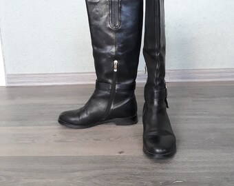 low heeled leather tall boots