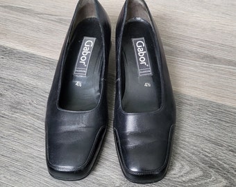 Chaussures en cuir noires vintage pour femmes, mocassins à talon bas, taille UK 4 1/2, bout carré / fabriqué en Autriche