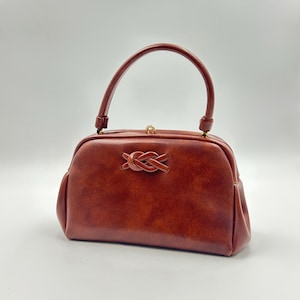 Vintage cognac brown faux leather top handle bag / purse for women retro handbag 70s accessories gift for womens / Made in NSW