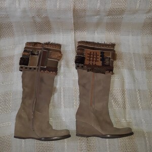 vintage beige suede leather girls knee boots fur bootleg 35 size EU image 3