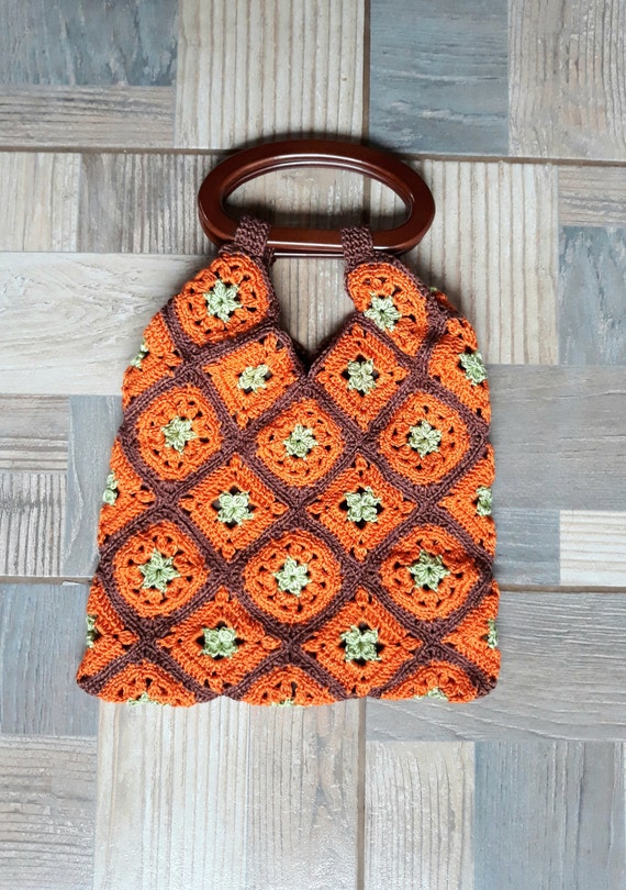 Vintage crochet handbag handmade tote orange handl