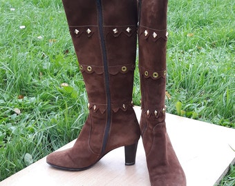 Vintage Studded Suede Knee Boots, Brown Leather, EU 38.5, Made in Italy