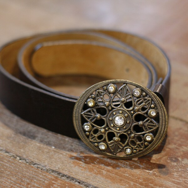 Vintage dark brown rhinestone buckle belt women leather waistband