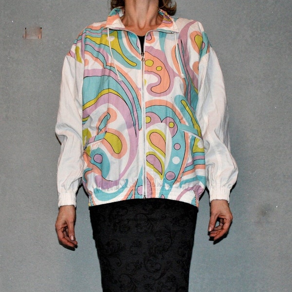 Vintage white pastel sport women windbreaker / track top jacket / size XL plus size EU / 90s tracksuit