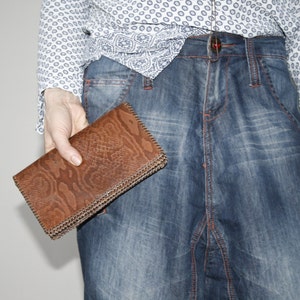 vintage brown leather clutch snake purse / women retro ladies wallet / reptile accessories