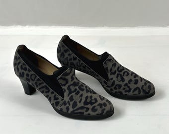 Mocasines vintage para mujer en gris y negro: tacón grueso de ante con estampado de leopardo, talla 39EU (8US).