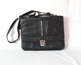 Bolso bandolera tipo maletín unisex vintage de piel vegana negra con asa extraíble