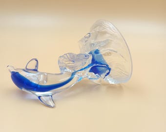 ヴィンテージアートガラスイルカ彫刻：コバルトブルーウェーブ
