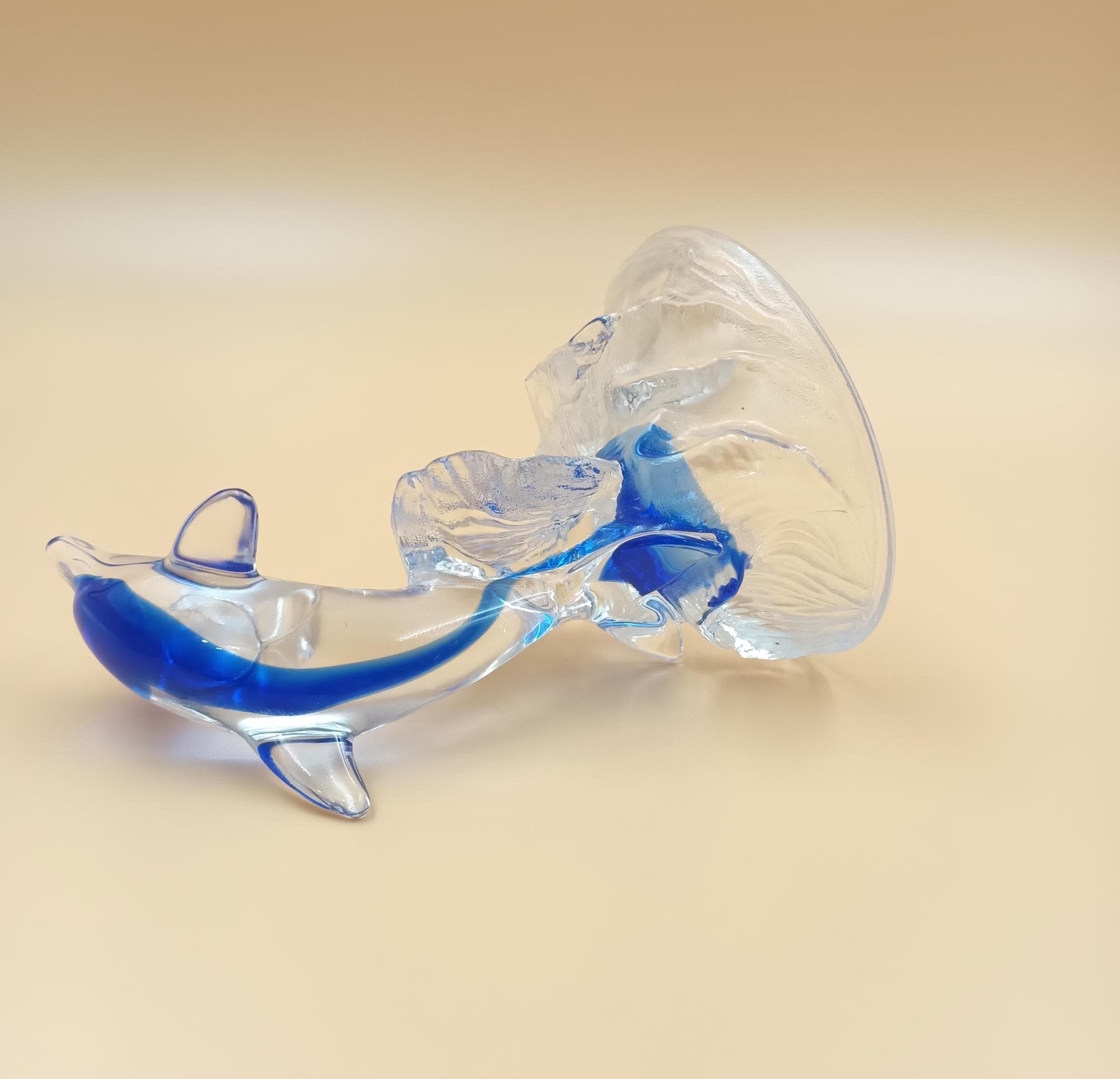 ヴィンテージアートガラスイルカ彫刻：コバルトブルーウェーブ