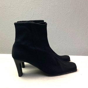 Vintage black textile ankle boots / women heeled square toe Y2K footwear / size 41EU 9.5US