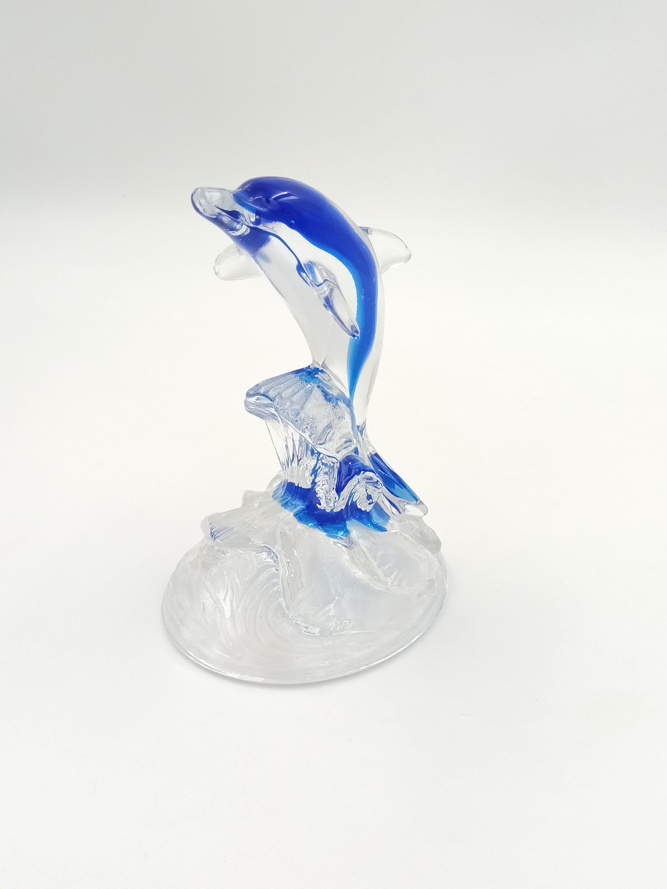 ヴィンテージアートガラスイルカ彫刻：コバルトブルーウェーブ