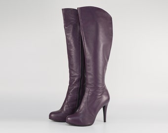 Leather Zipped Over Knee Boots in Dark Purple | Round Toe High Stiletto Heel Platform Long Boots for Women | Size EU 39 | Loretti
