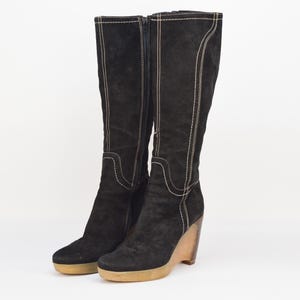 Vintage Suede Knee High Platform Boots: Black Wedge Heel, EU 37, Made in Italy