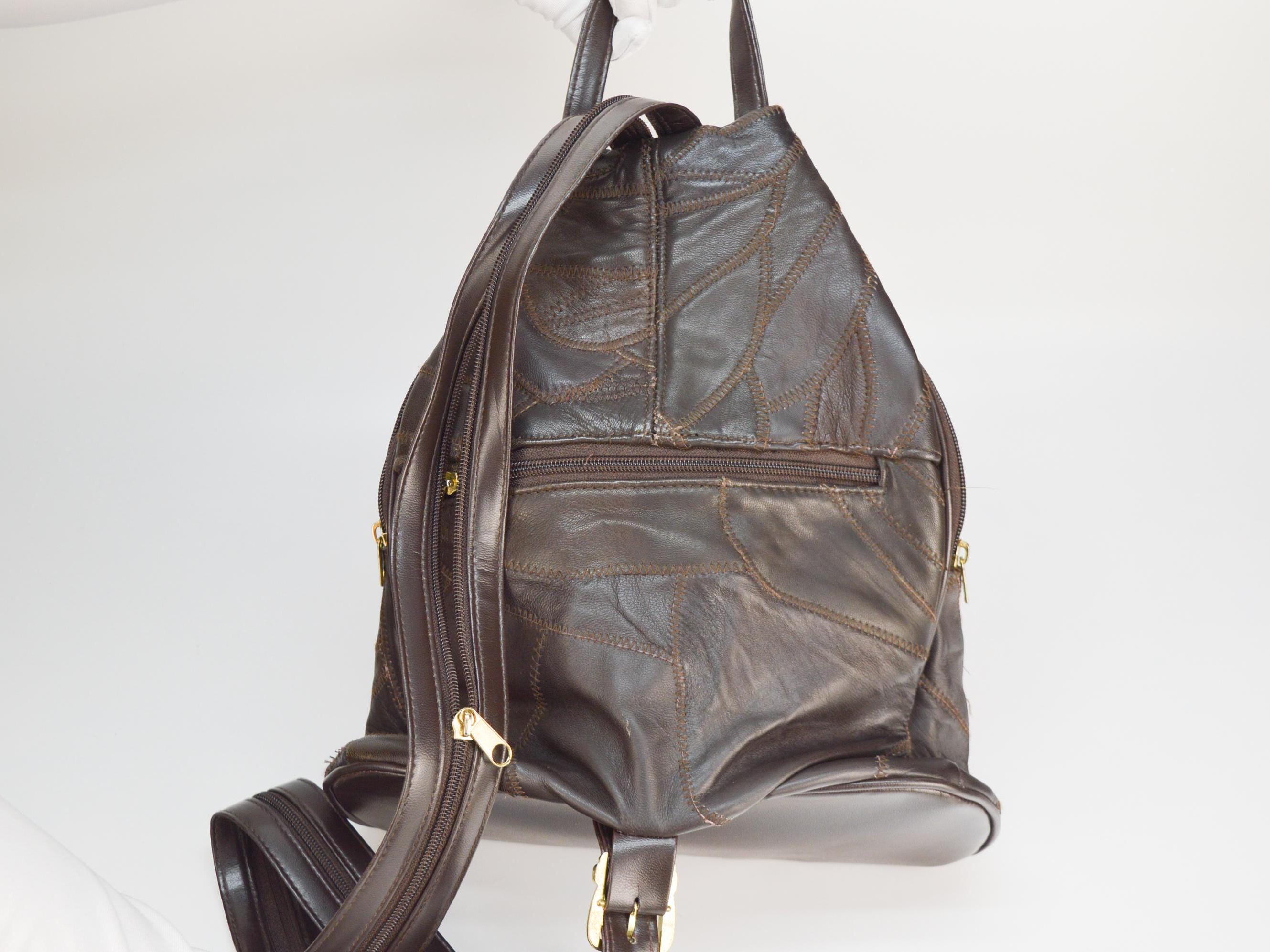 Genuine Leather Patchwork Sling Backpack with Headphone Port Vintage Leather Patchwork Backpack Bag in Brown for Women by  main image 2