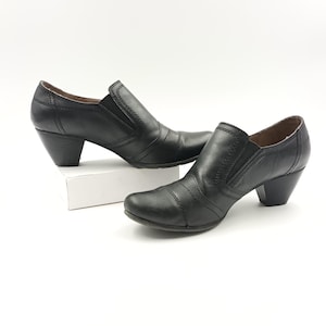 本革の黒のレディースローファー ラウンドトゥシューズ / チャンキーブロックコーンヒールパンプス サイズ 41EU 9.5US 8UK ジップアップ ヨーロッパドイツ製フットウェア