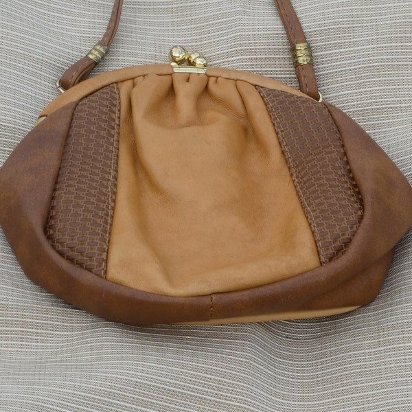Vintage brown leather shoulder purse with kiss lock bag retro small glamour women european