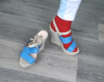 Blue Leather Wedge Sandal, Women Platform Strappy Shoes, European Size 37EU 6.5US