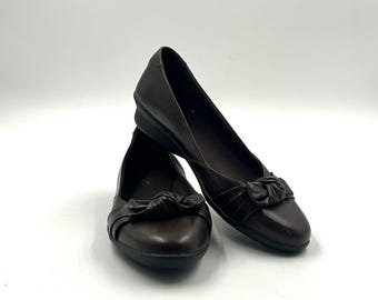 Leren platte damesloafers: kastanjebruine schoenen met strik (EU 36 / US 5,5)