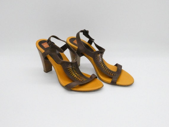 Hugo Boss, Vintage Hugo Boss Leather Strap Sandals: Brown Cone Heels, Made in Italy, EU 40