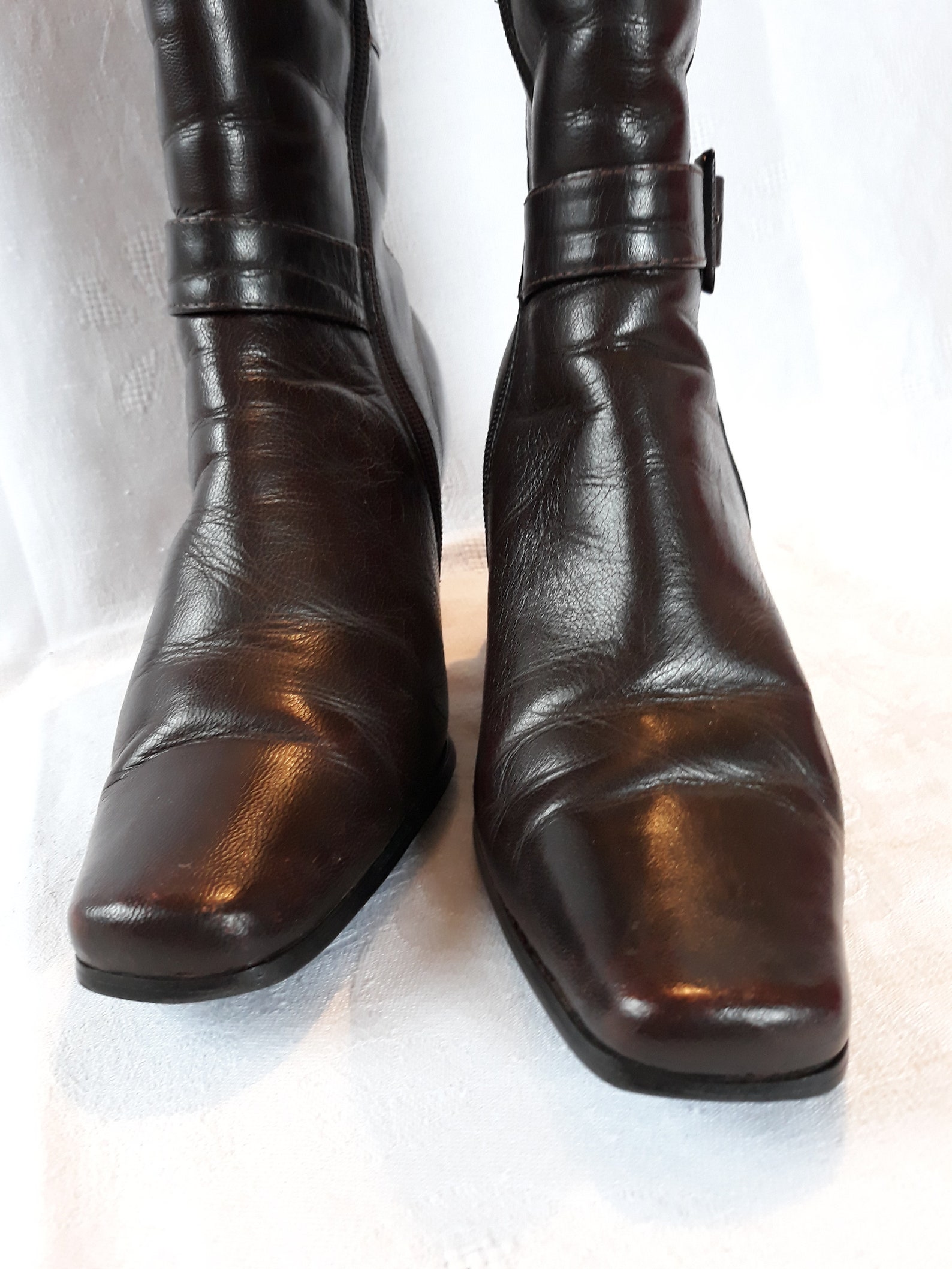 Vintage brown leather half boots chunky heels square toes size Etsy
