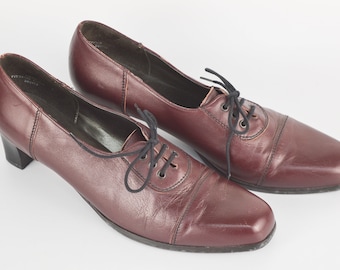 Burgundy Red Leather Oxford Shoes: Chunky Heel, UK 8, Made in England