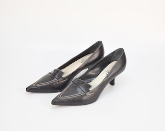 Vintage Black Leather Kitten Heel Loafers - Tarsala Italy Pumps - EU 37.5