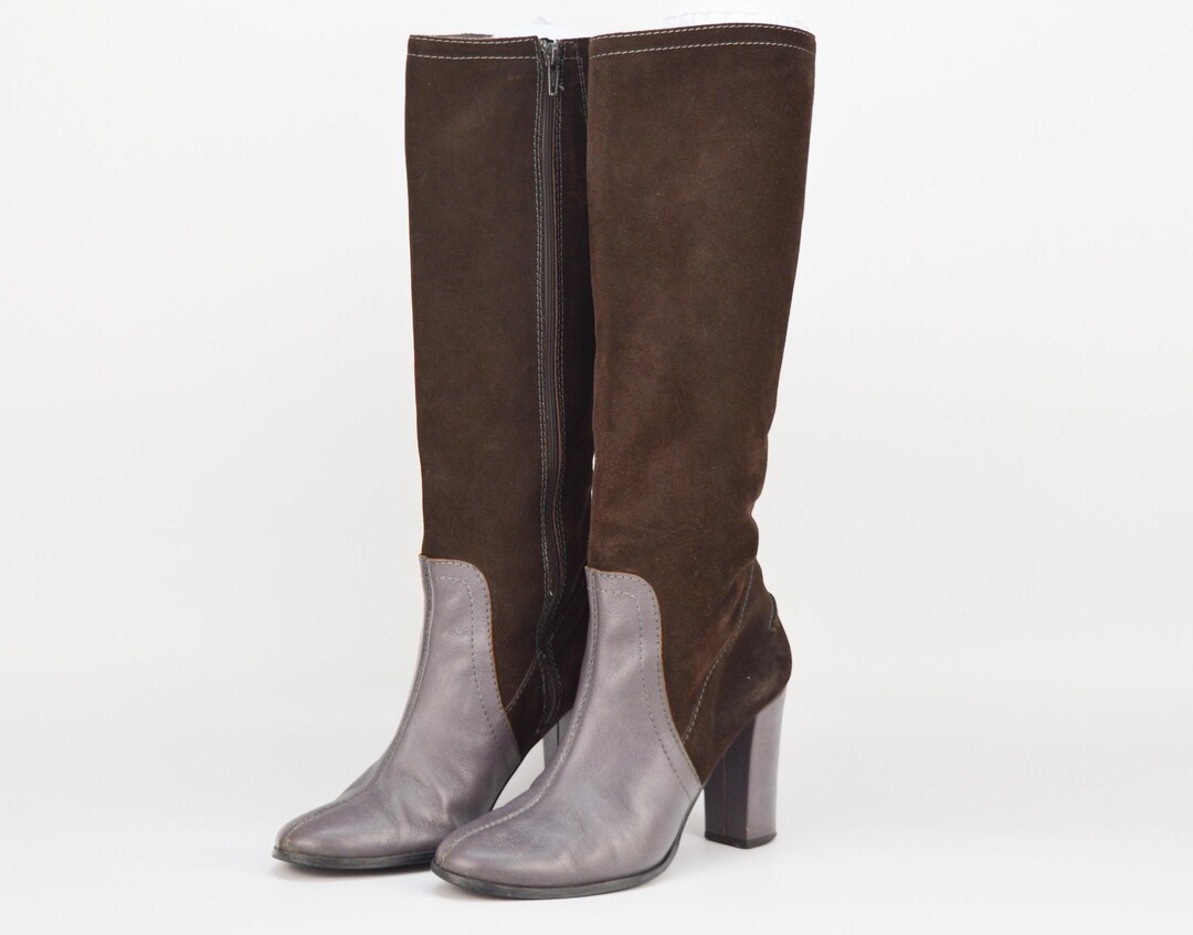 Vintage Brown Suede Knee High Boots: Gray Leather Block Heel (EU 40 ...