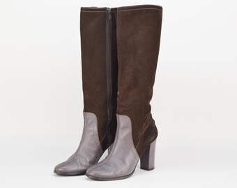 Botas altas hasta la rodilla de ante marrón vintage: tacón de bloque de cuero gris (UE 40 / EE. UU. 9)