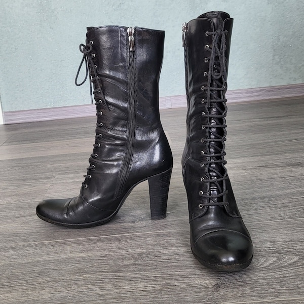 vintage black leather lace up ankle boots size 37 EU heeled combat calf boots made in Italy