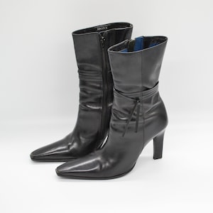 Black Leather Ankle Boots: Pointed Toe High Heel Booties, Size 39EU/8US