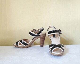 Tommy Hilfiger shoes sandals women platform heels size 38 EU black white straps cork sole