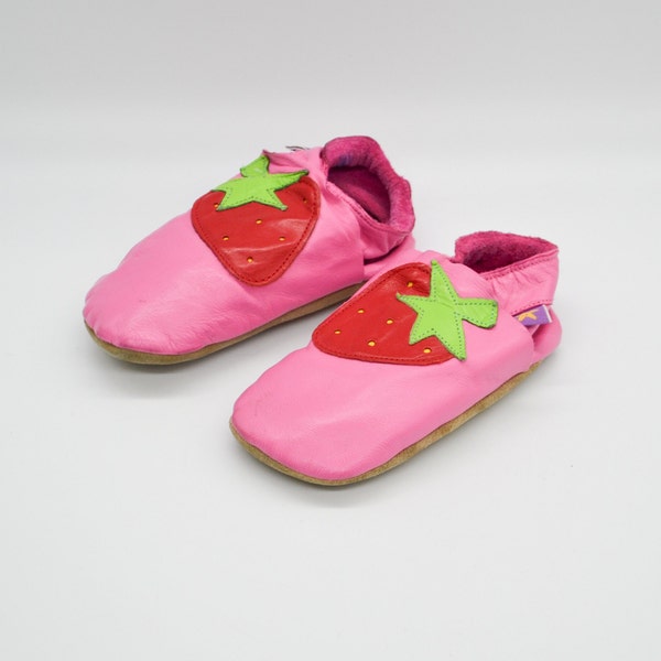 Leather Baby Shoes in Pink with Strawberry | Toddler Slippers Baby Girl ballet Shoes flat Footwear | Star Child