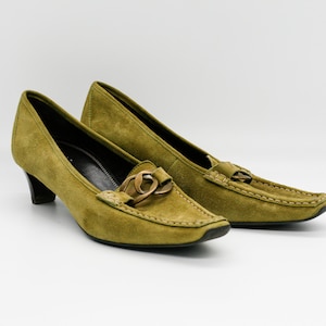 Vintage Hogl Suede Loafers: Olive Green Low Heel Pumps (EU 39.5 / UK 6.5)