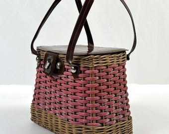 Cesta de mimbre tejida vintage con asas / Bolsa de picnic con tapa de los años 70