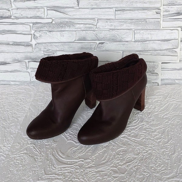 vintage brown leather slip on women ankle boots / size 11 US / knitted top boho heeled boot Ugg