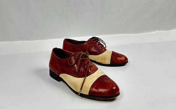 Leather Brogue Oxford Shoes, Brown & White Spectator Style, Made in Italy, US 7 / EU 38