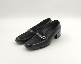 Mocasines vintage de piel de reptil negra con punta cuadrada y tacón grueso, talla EU39.5